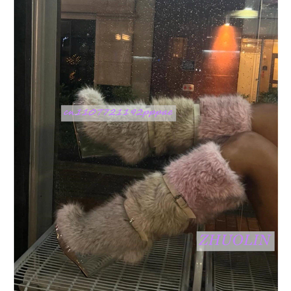 Women'S Fashion Knee High Boots - Sepatu Bot Wedge Transparan Berbulu Musim