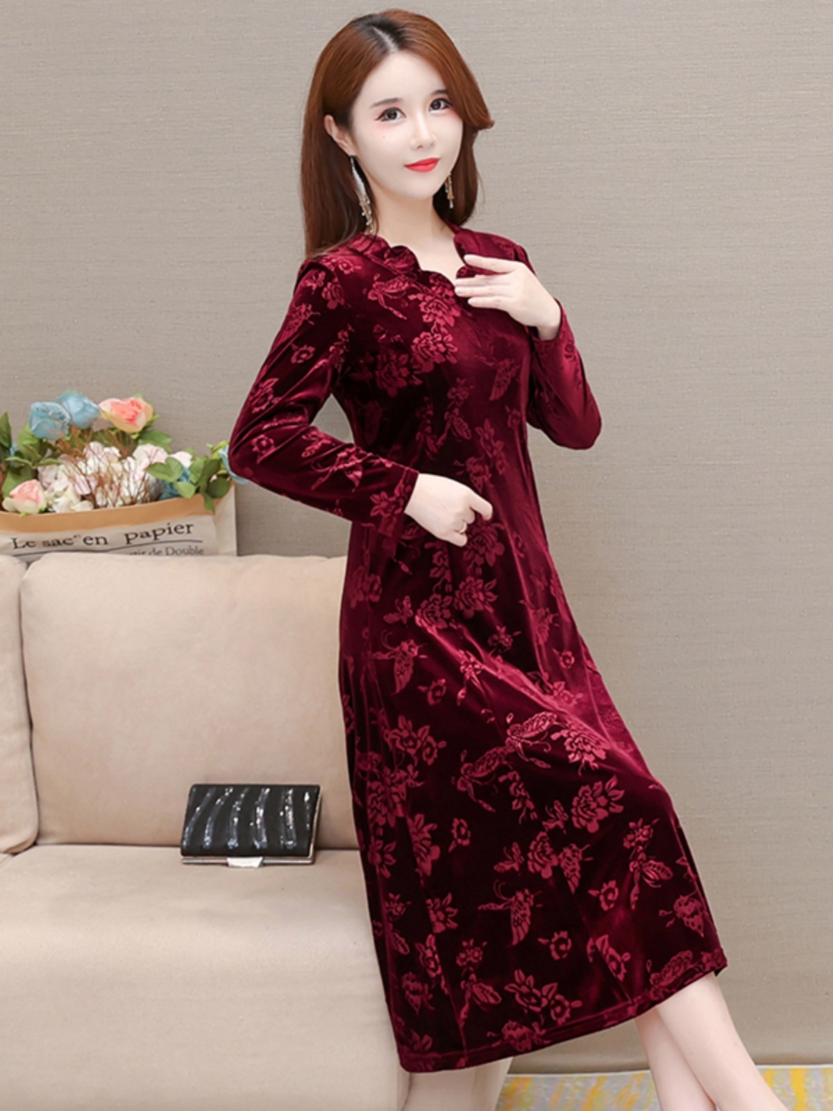 Gaun Beludru Elegan V-Neck Rok - Women Fashion Over The Years ulasan dan harga